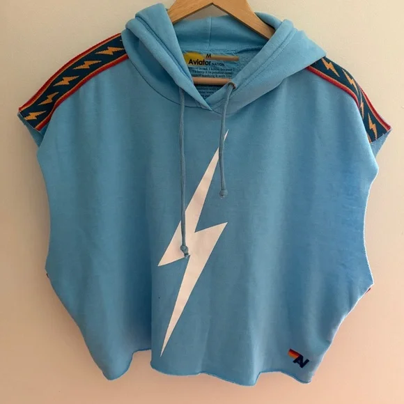 Aviator Nation Bolt Stripe Sleeveless Relaxed Sky Blue Pullover Hoodie - Picture 2 of 5